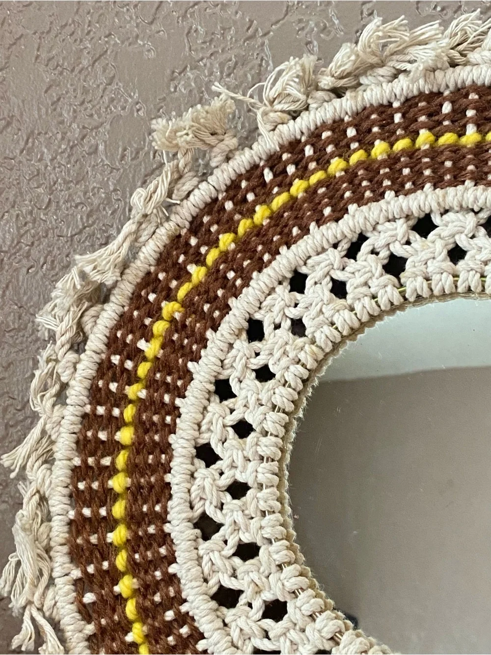 Handmade Macramé Round Wall Mirror in Cream, Brown & Yellow